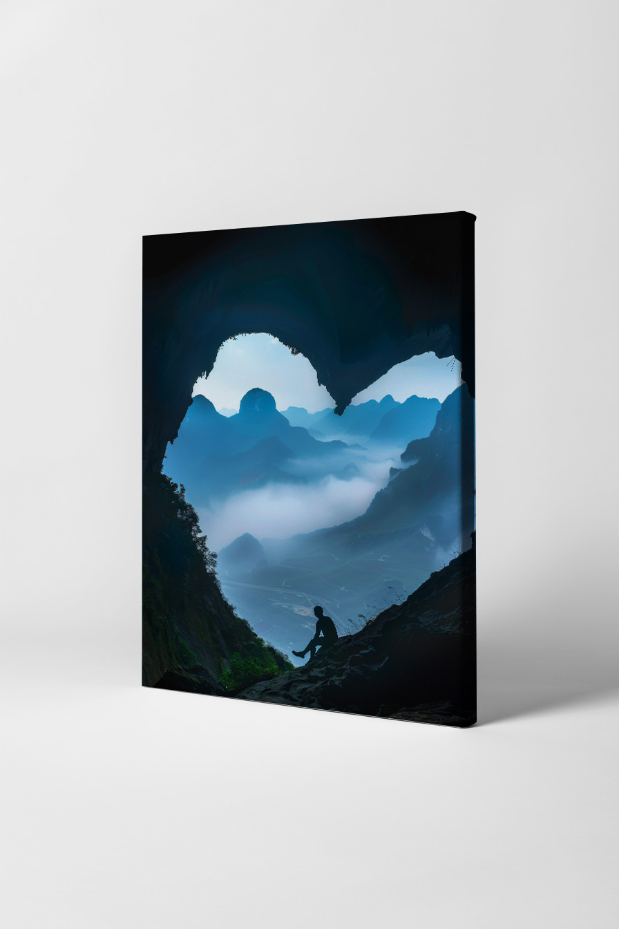 Fotografie Poster Höhle Silhouette Bergblick blau nebel