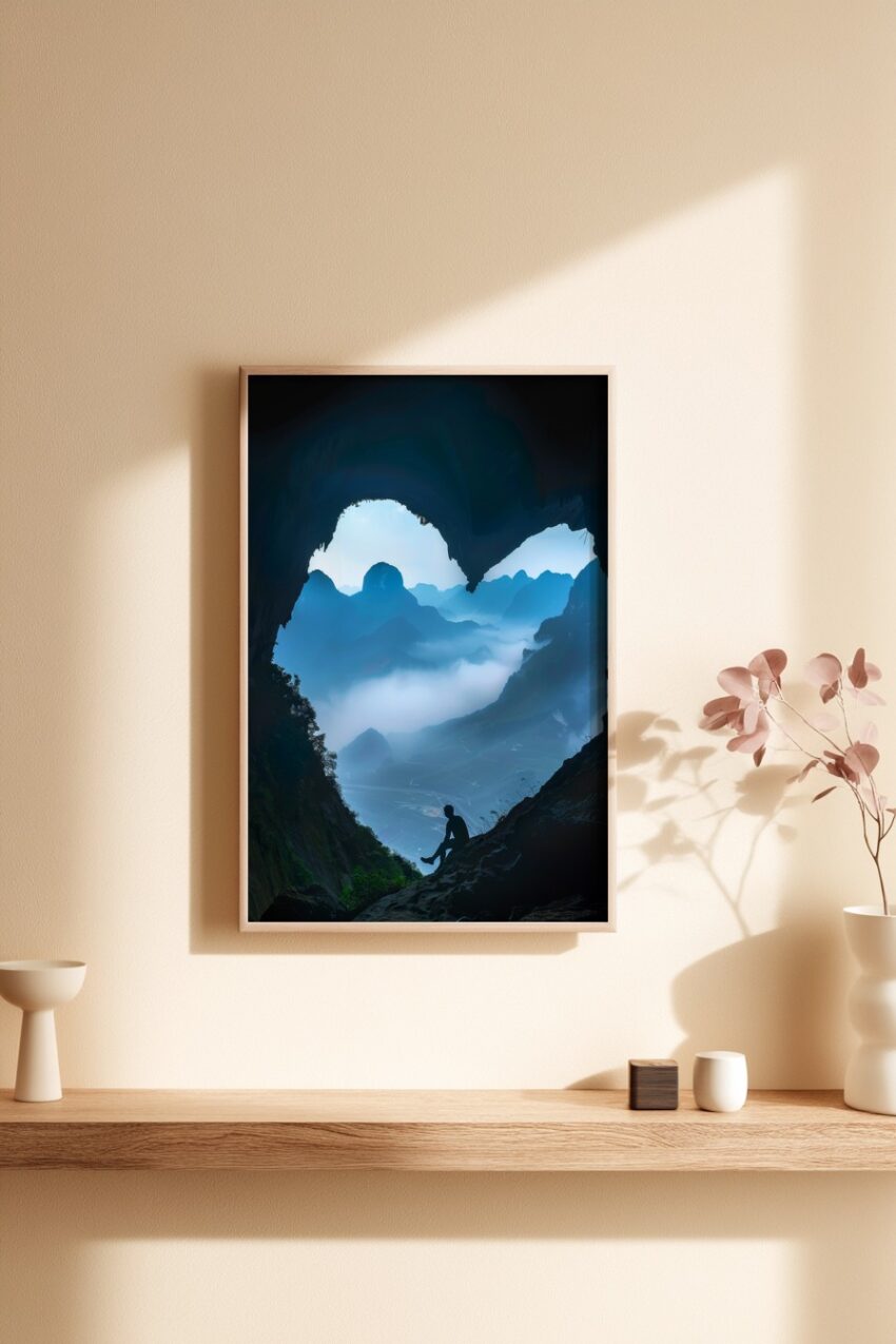 Fotografie Poster Höhle Silhouette Bergblick blau nebel