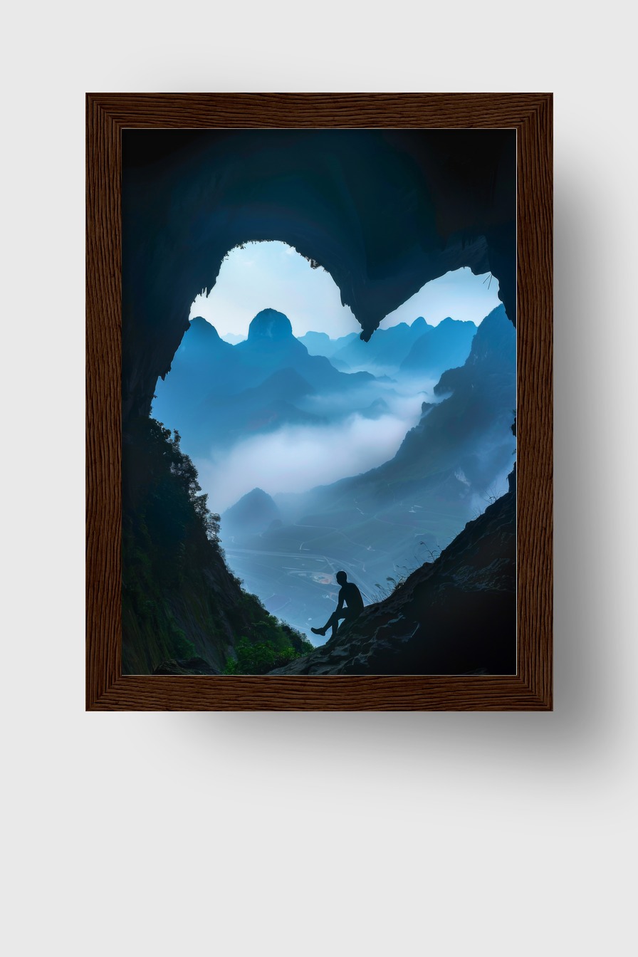 Fotografie Poster Höhle Silhouette Bergblick blau nebel