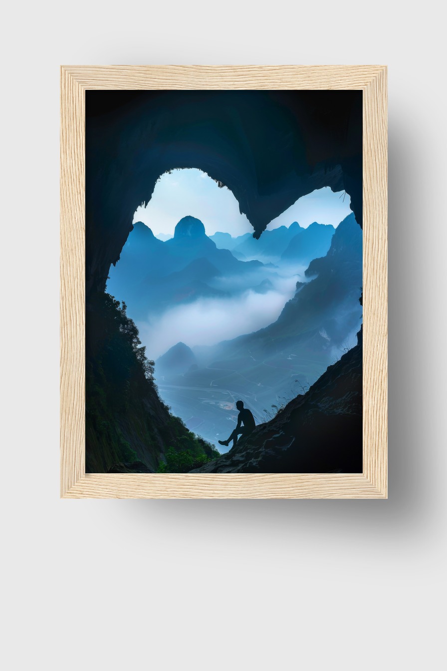 Fotografie Poster Höhle Silhouette Bergblick blau nebel