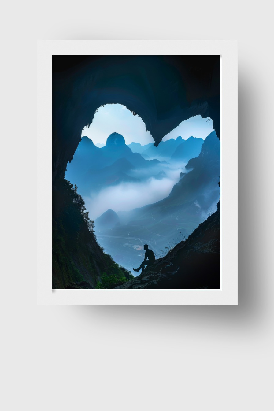 Fotografie Poster Höhle Silhouette Bergblick blau nebel