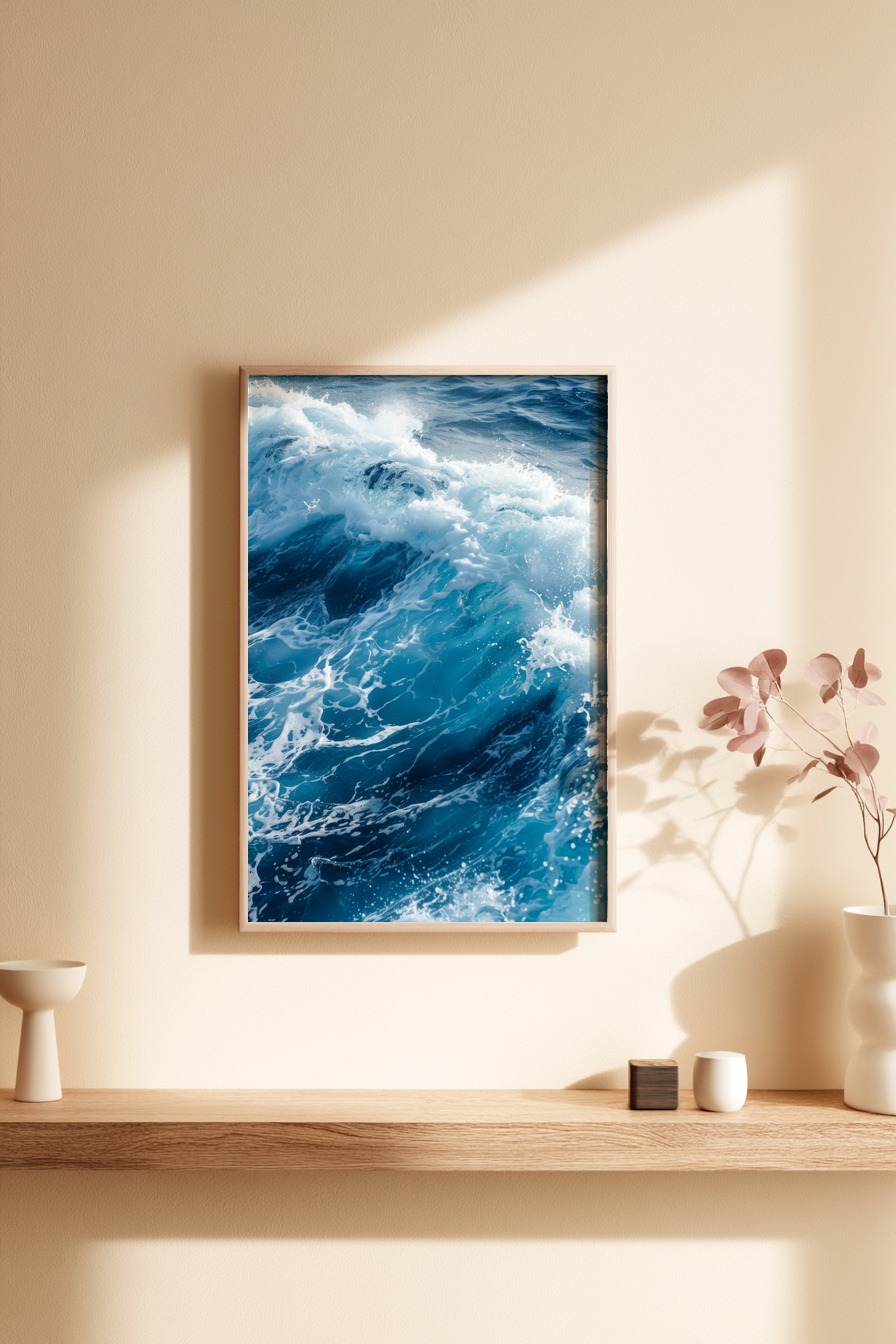 Fotografie Poster Welle brechend blau weiß dynamisch