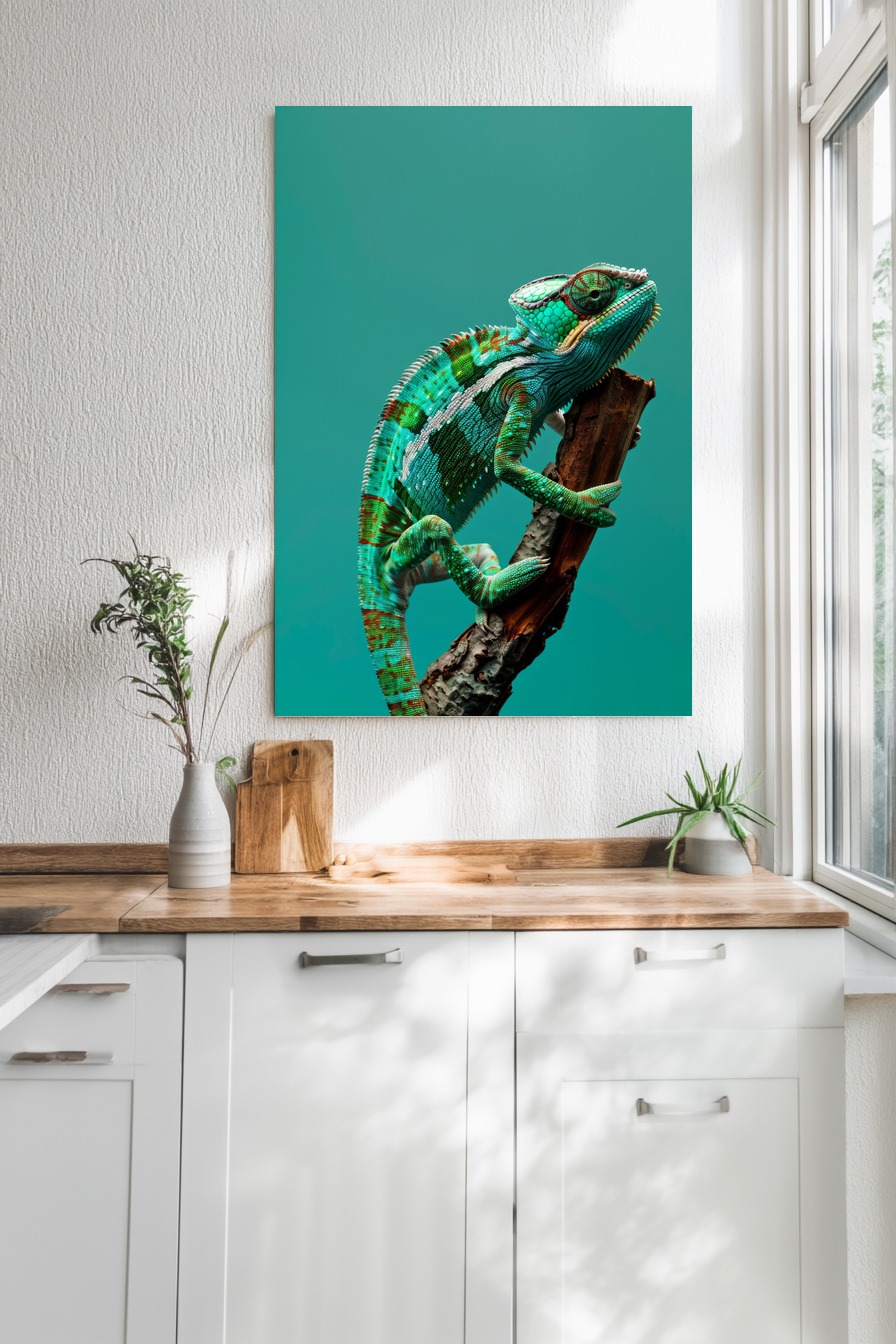 Fotografie Poster Chamäleon grün Detail am Ast