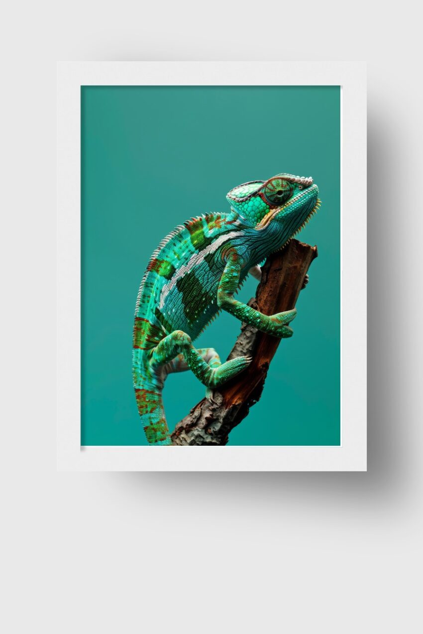 Fotografie Poster Chamäleon grün Detail am Ast