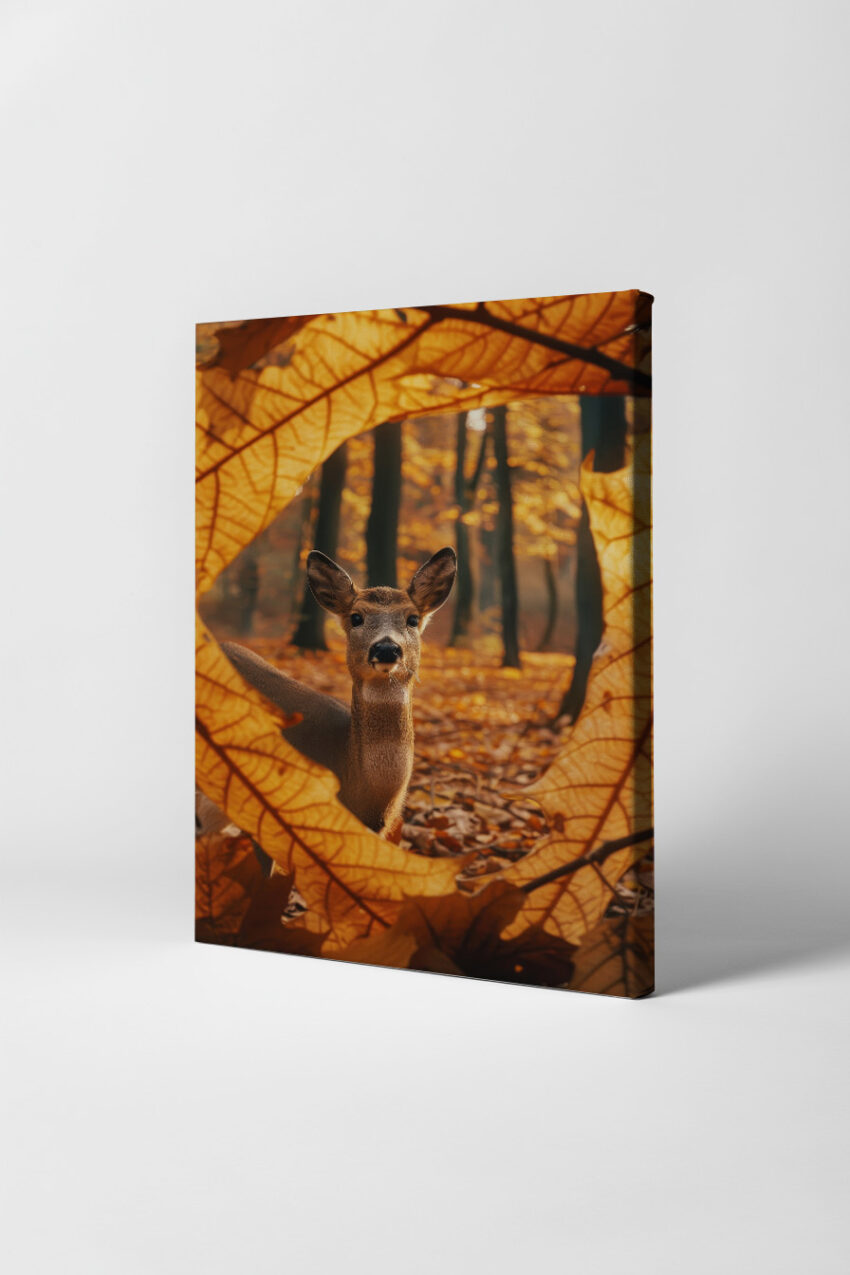 Fotografie Poster Hirsch Blätterrahmen Herbstfarben Braun
