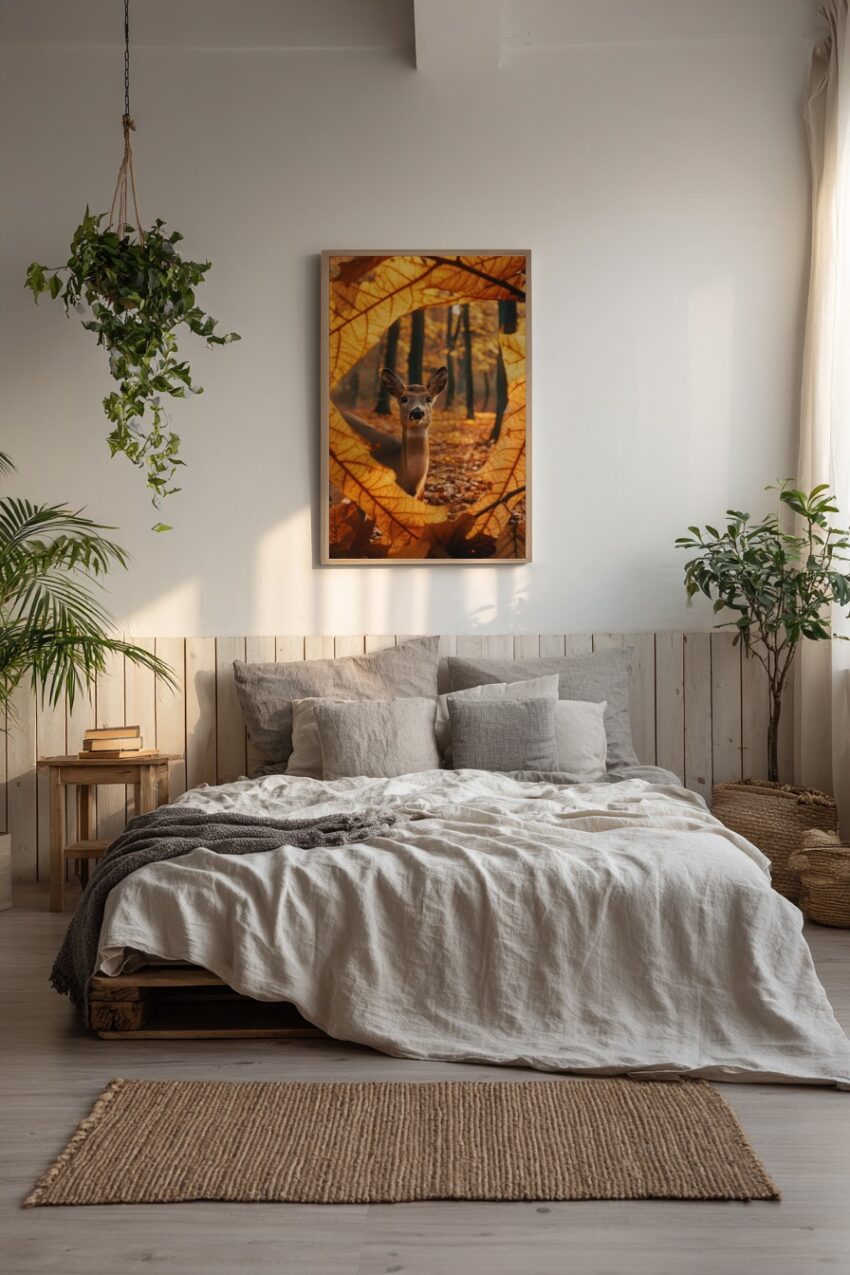 Fotografie Poster Hirsch Blätterrahmen Herbstfarben Braun