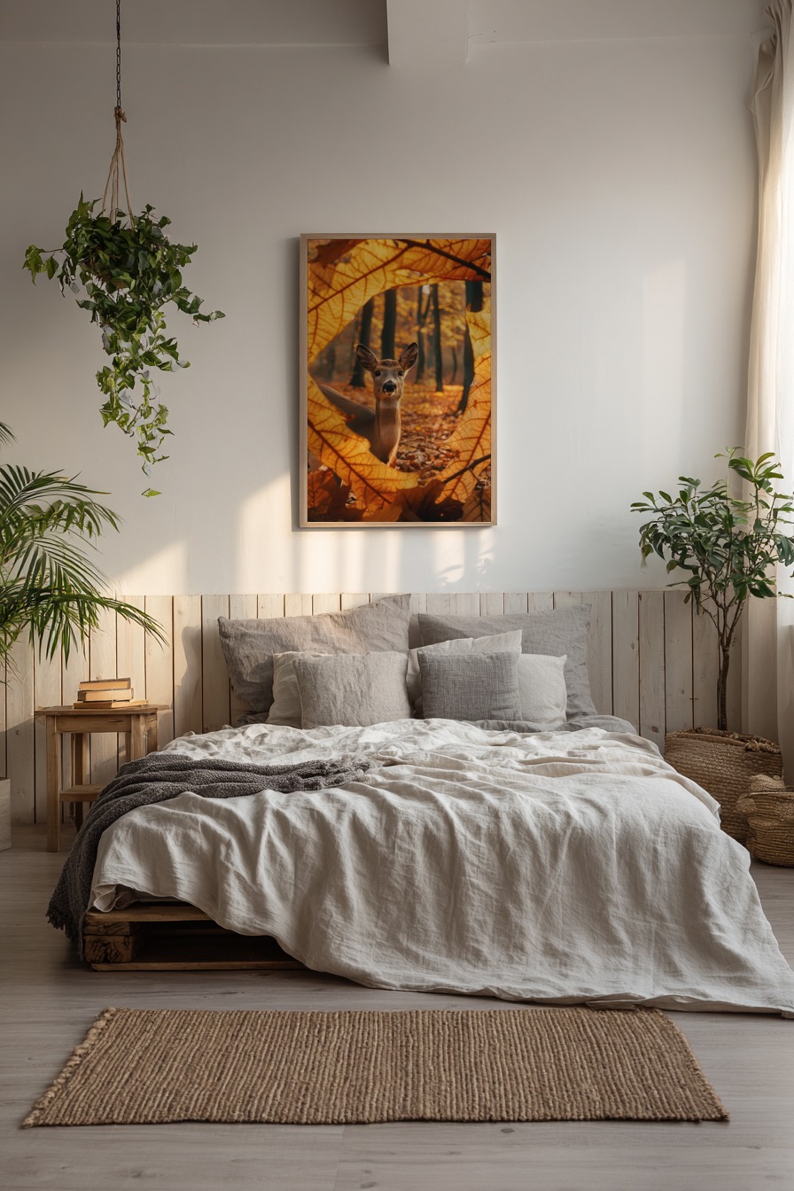 Fotografie Poster Hirsch Blätterrahmen Herbstfarben Braun