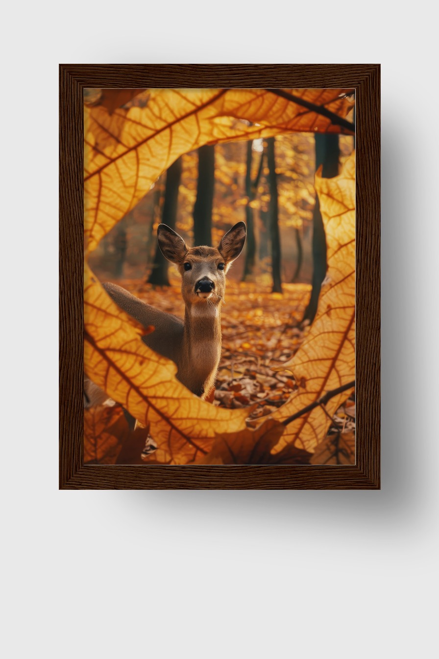 Fotografie Poster Hirsch Blätterrahmen Herbstfarben Braun