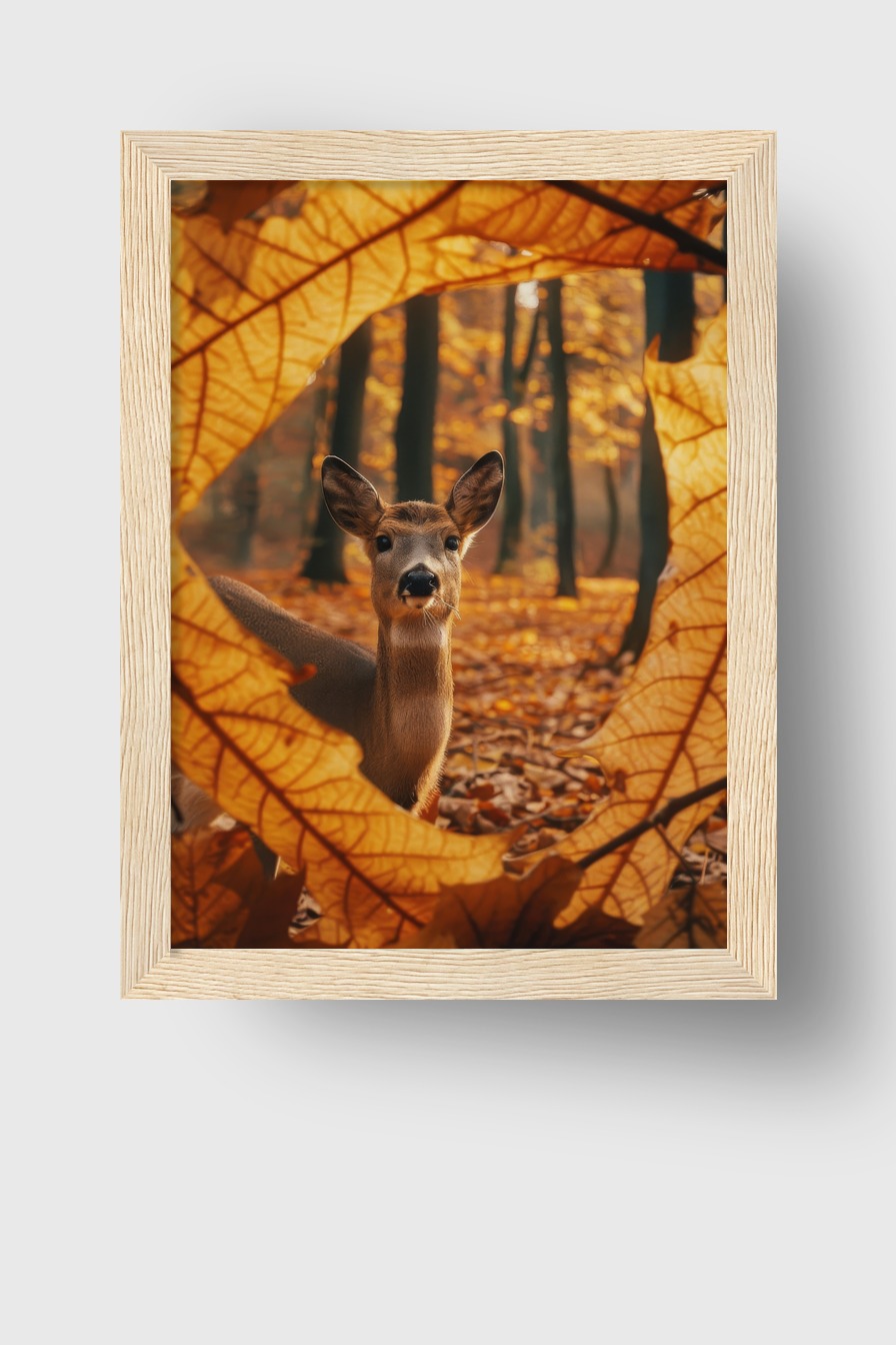 Fotografie Poster Hirsch Blätterrahmen Herbstfarben Braun