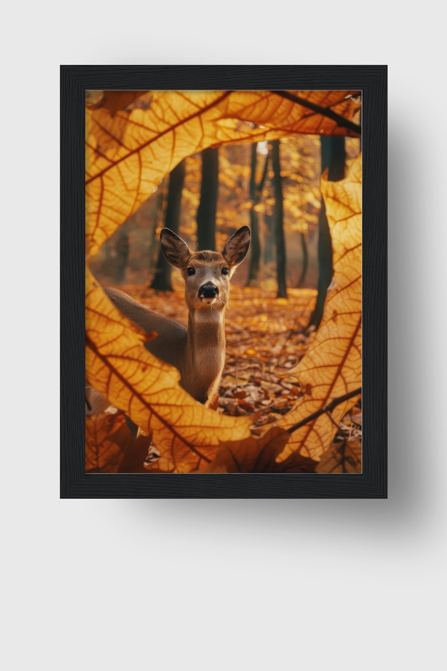 Fotografie Poster Hirsch Blätterrahmen Herbstfarben Braun