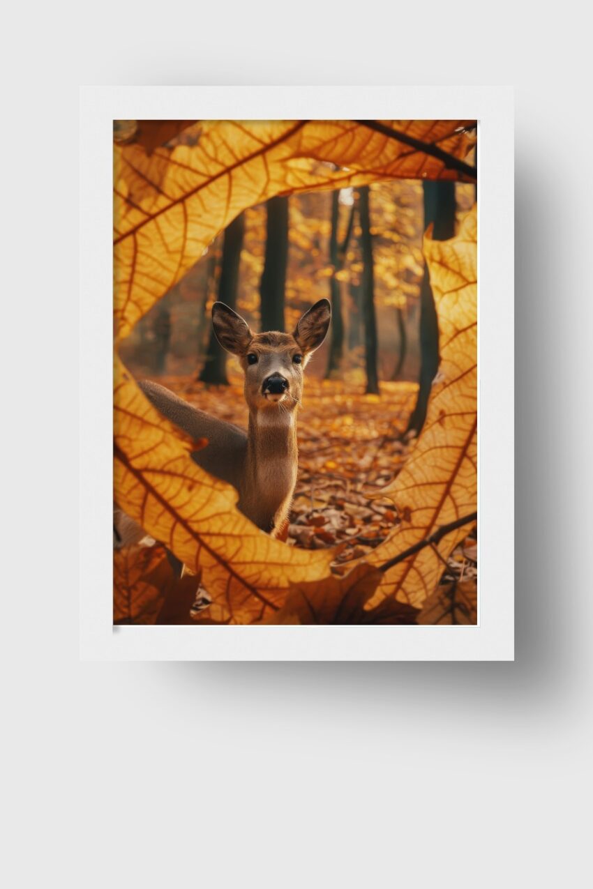 Fotografie Poster Hirsch Blätterrahmen Herbstfarben Braun