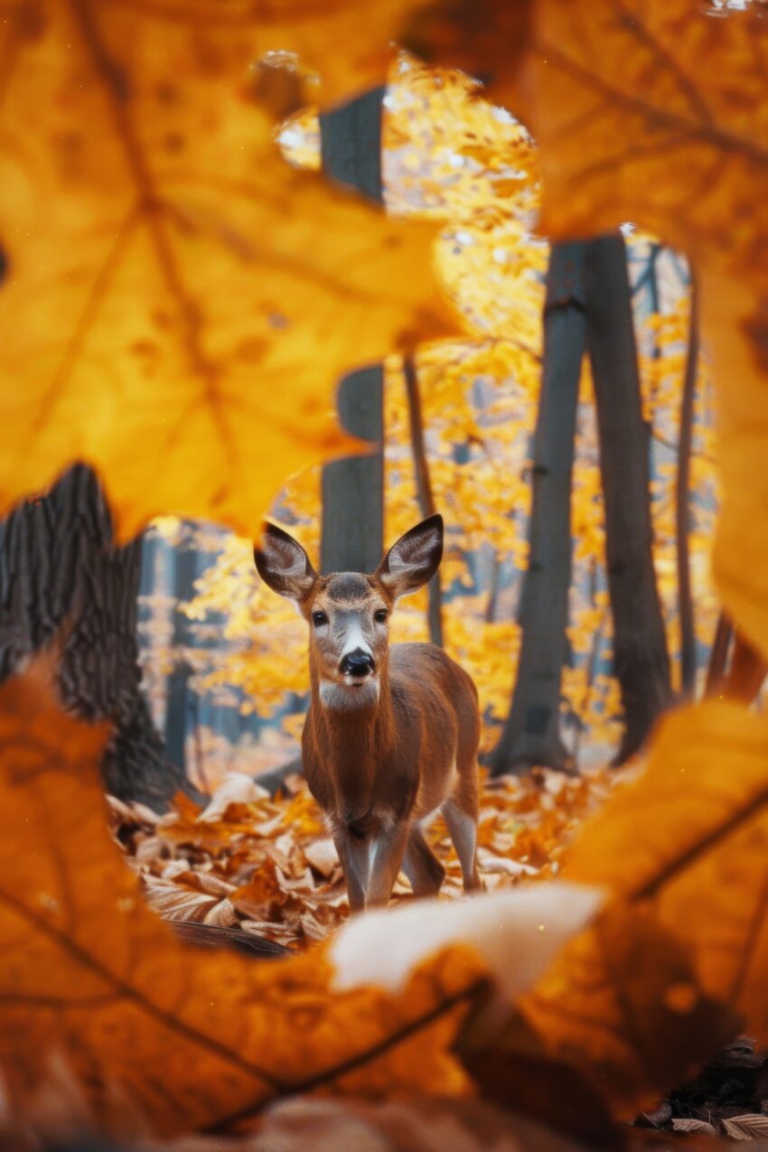 Fotografie Poster Hirsch Herbstlaub orange Wald