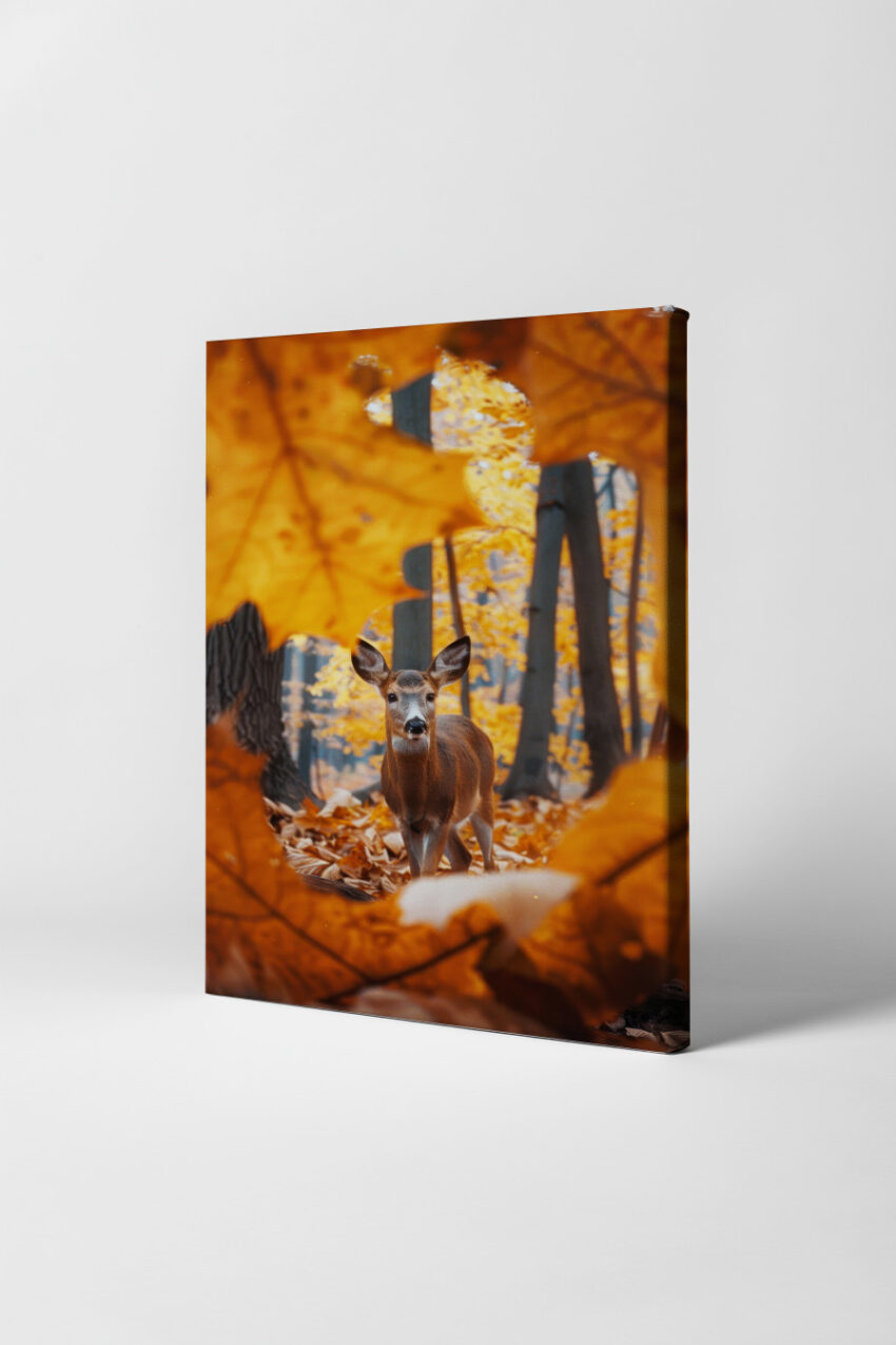 Fotografie Poster Hirsch Herbstlaub orange Wald