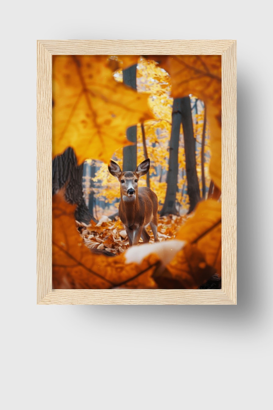 Fotografie Poster Hirsch Herbstlaub orange Wald