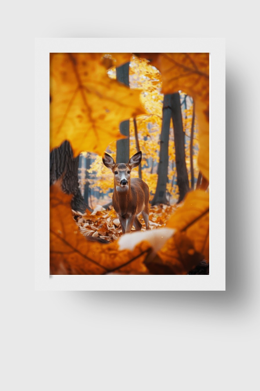 Fotografie Poster Hirsch Herbstlaub orange Wald