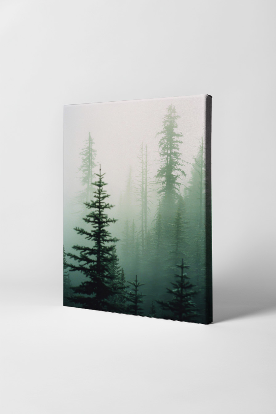 Fotografie Poster Tannenwald Nebel grün verschwommen