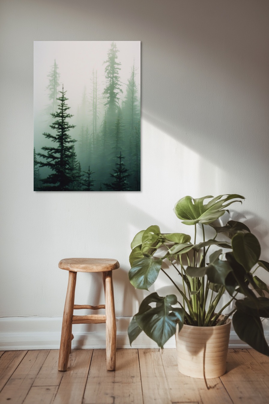 Fotografie Poster Tannenwald Nebel grün verschwommen