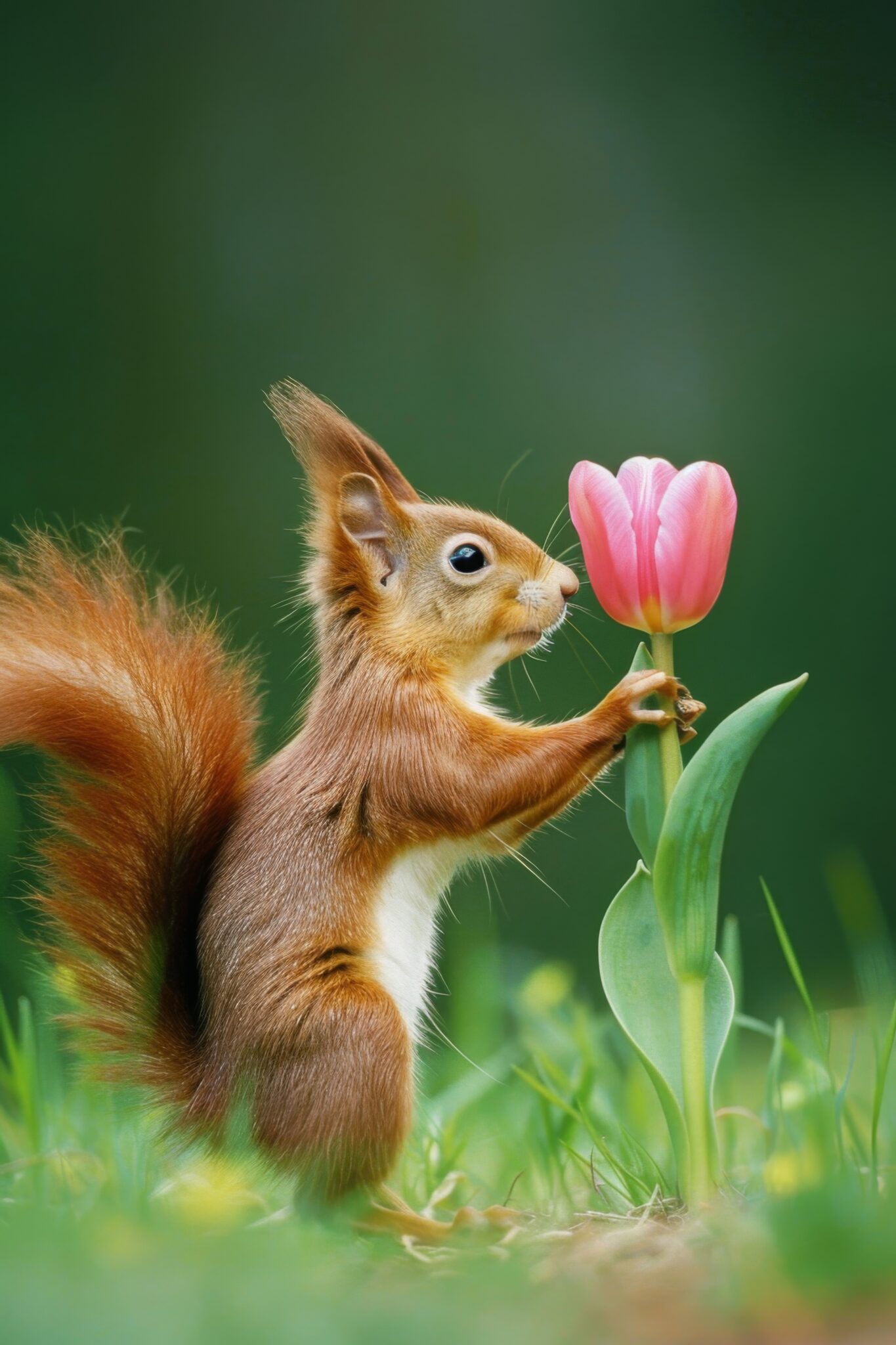 Fotografie Poster Eichhörnchen Tulpe grün rosarot