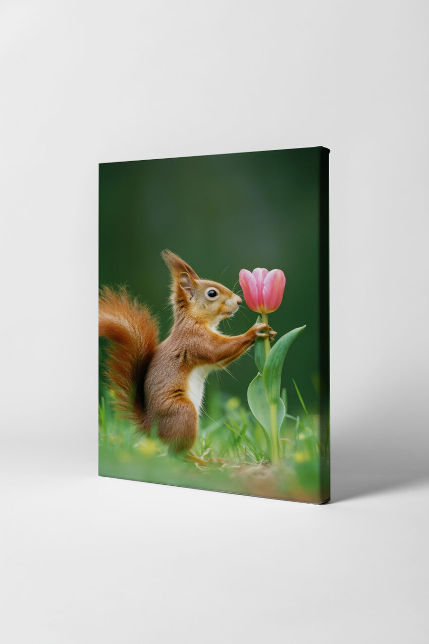 Fotografie Poster Eichhörnchen Tulpe grün rosarot