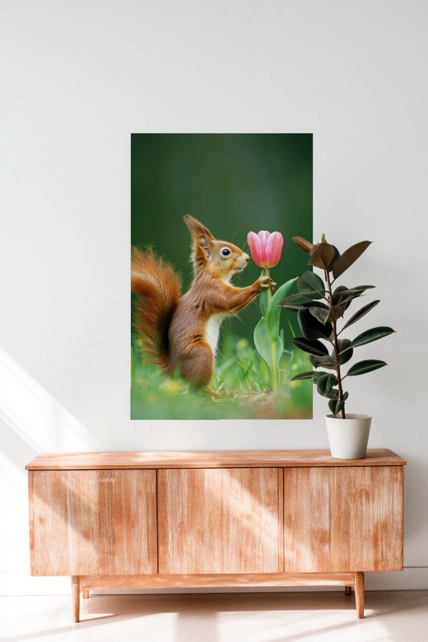 Fotografie Poster Eichhörnchen Tulpe grün rosarot