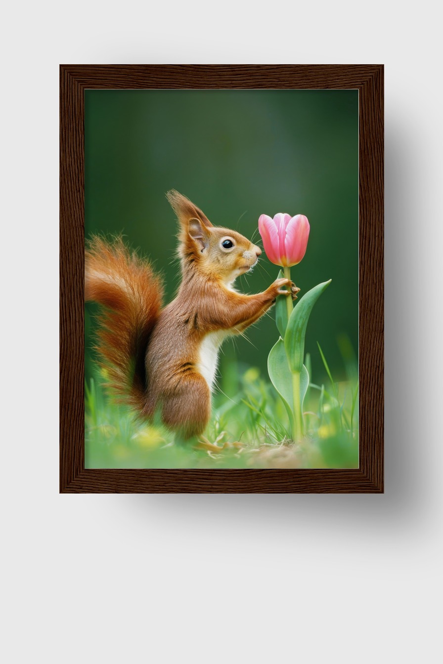 Fotografie Poster Eichhörnchen Tulpe grün rosarot