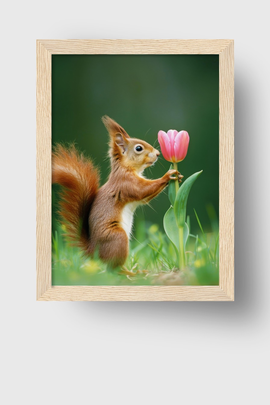 Fotografie Poster Eichhörnchen Tulpe grün rosarot