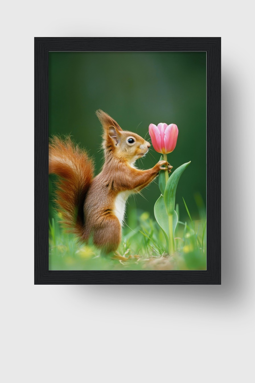 Fotografie Poster Eichhörnchen Tulpe grün rosarot