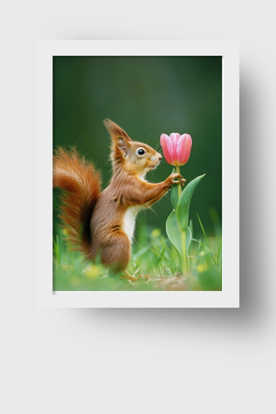 Fotografie Poster Eichhörnchen Tulpe grün rosarot
