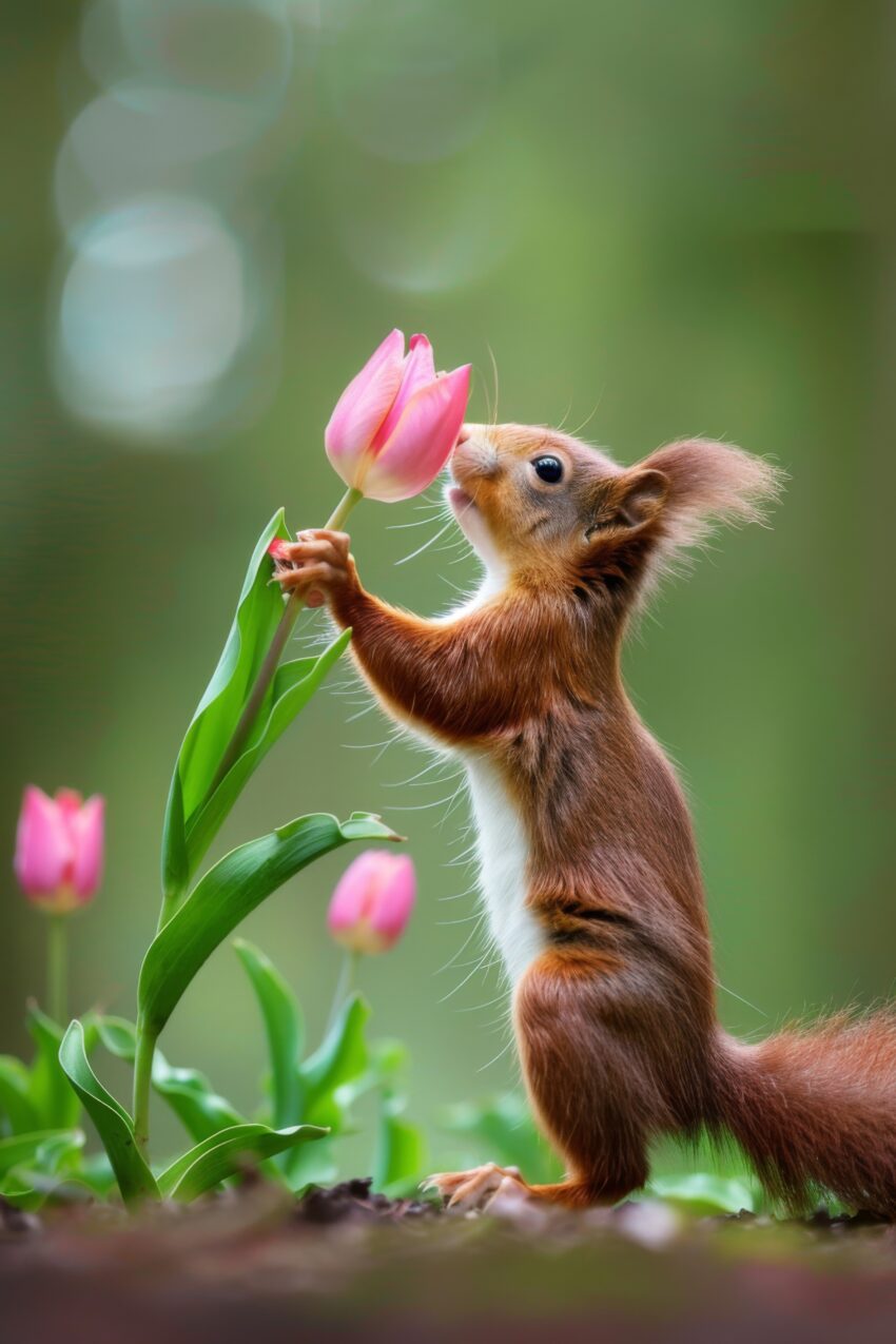 Fotografie Poster Eichhörnchen Tulpe zart grün