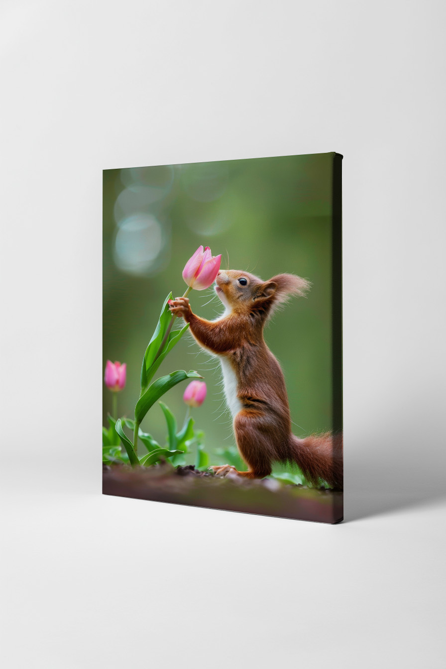 Fotografie Poster Eichhörnchen Tulpe zart grün
