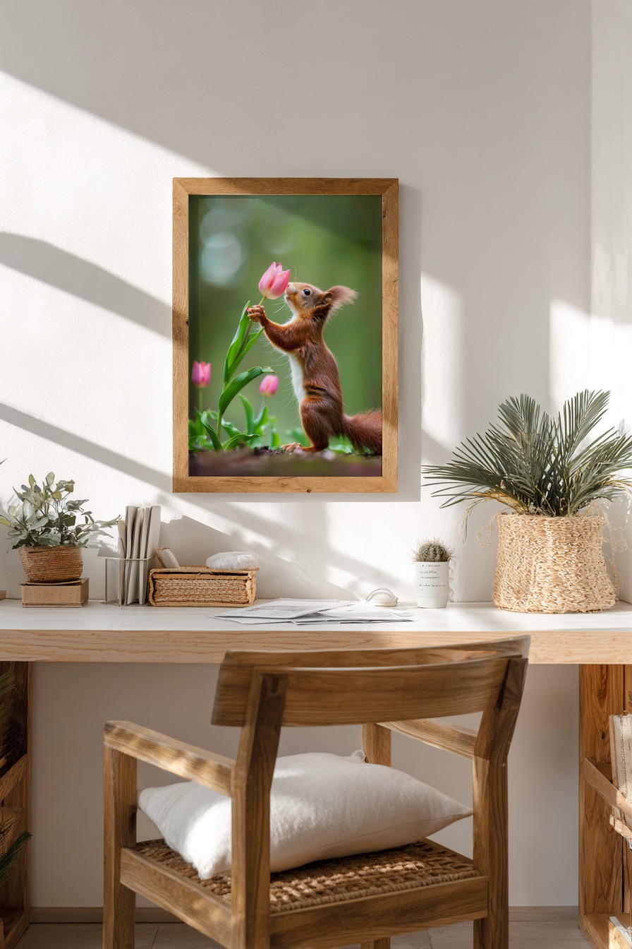 Fotografie Poster Eichhörnchen Tulpe zart grün