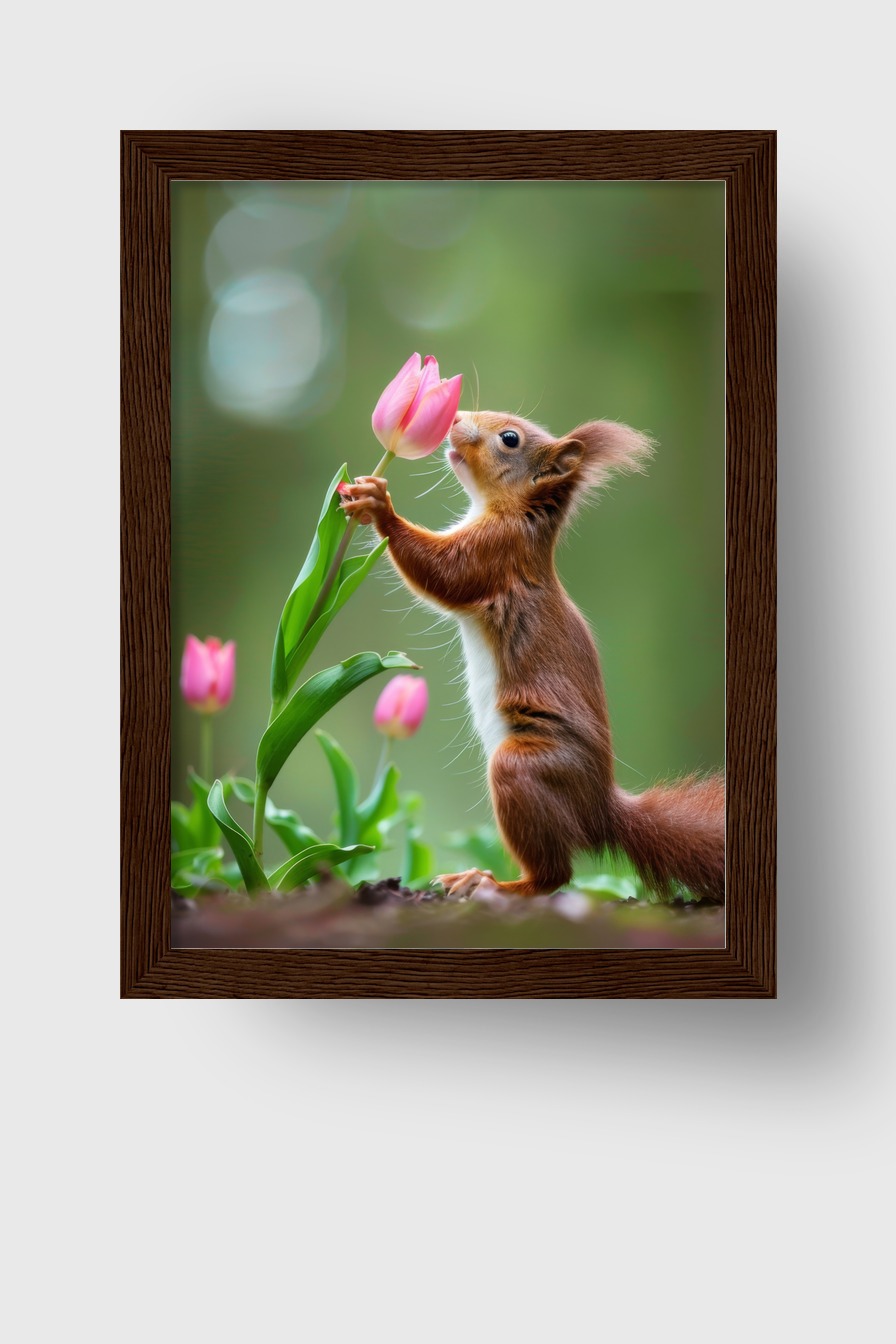 Fotografie Poster Eichhörnchen Tulpe zart grün