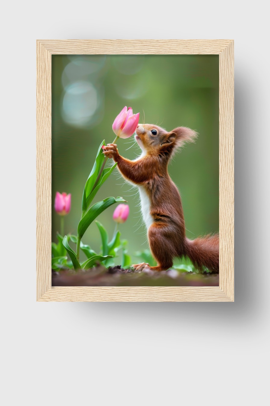 Fotografie Poster Eichhörnchen Tulpe zart grün