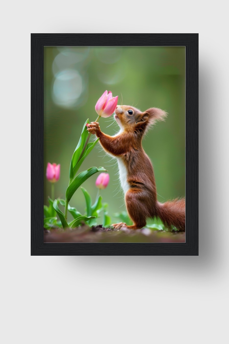 Fotografie Poster Eichhörnchen Tulpe zart grün