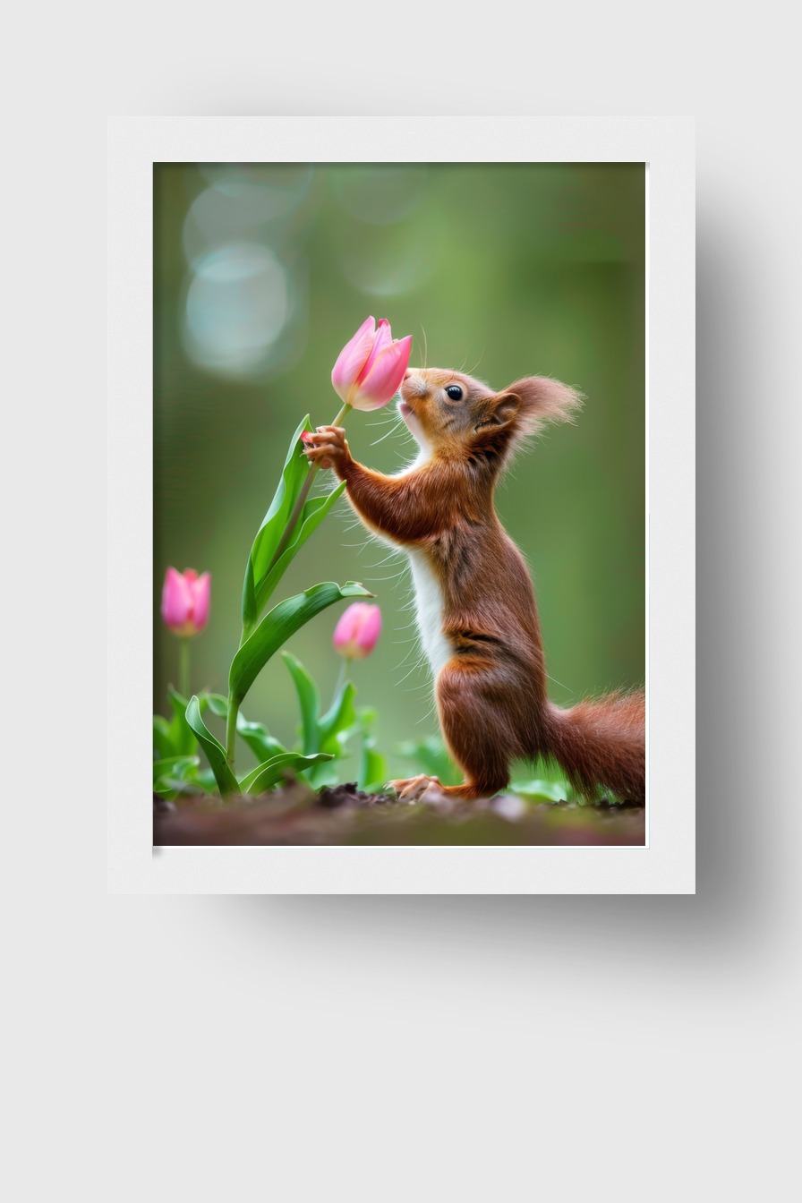 Fotografie Poster Eichhörnchen Tulpe zart grün