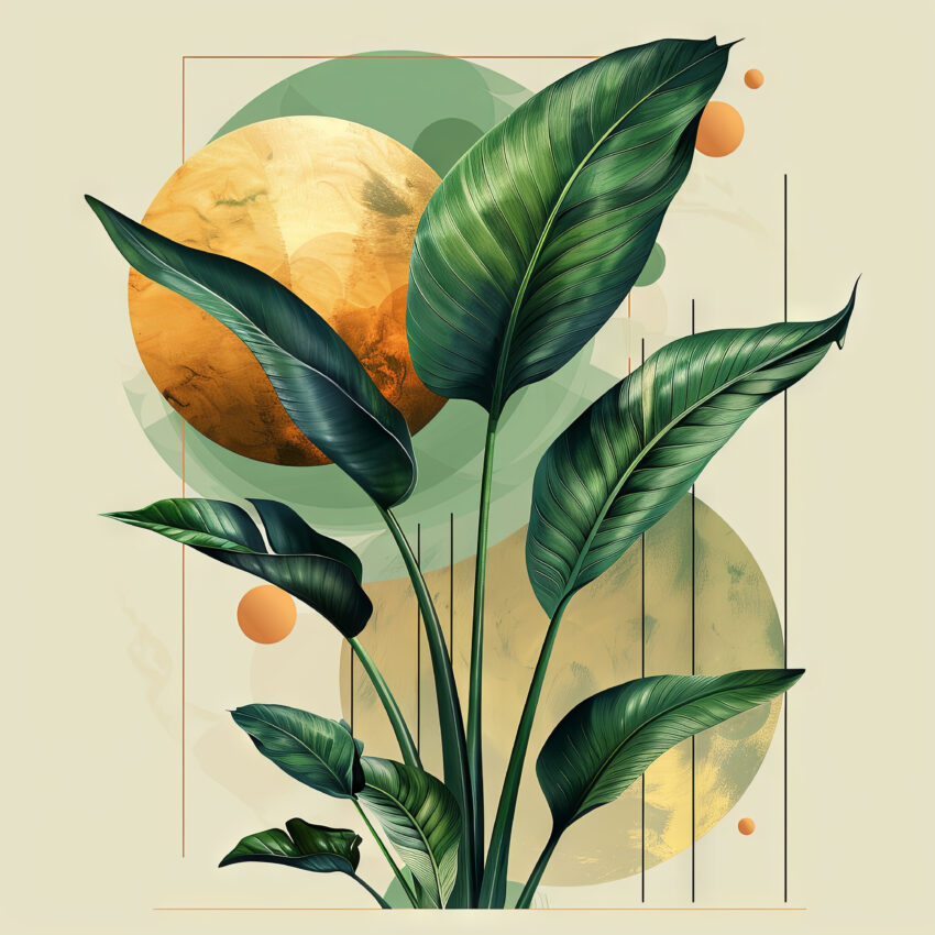 Digitale Kunst Poster Strelitzienblätter grün gold geometrisch