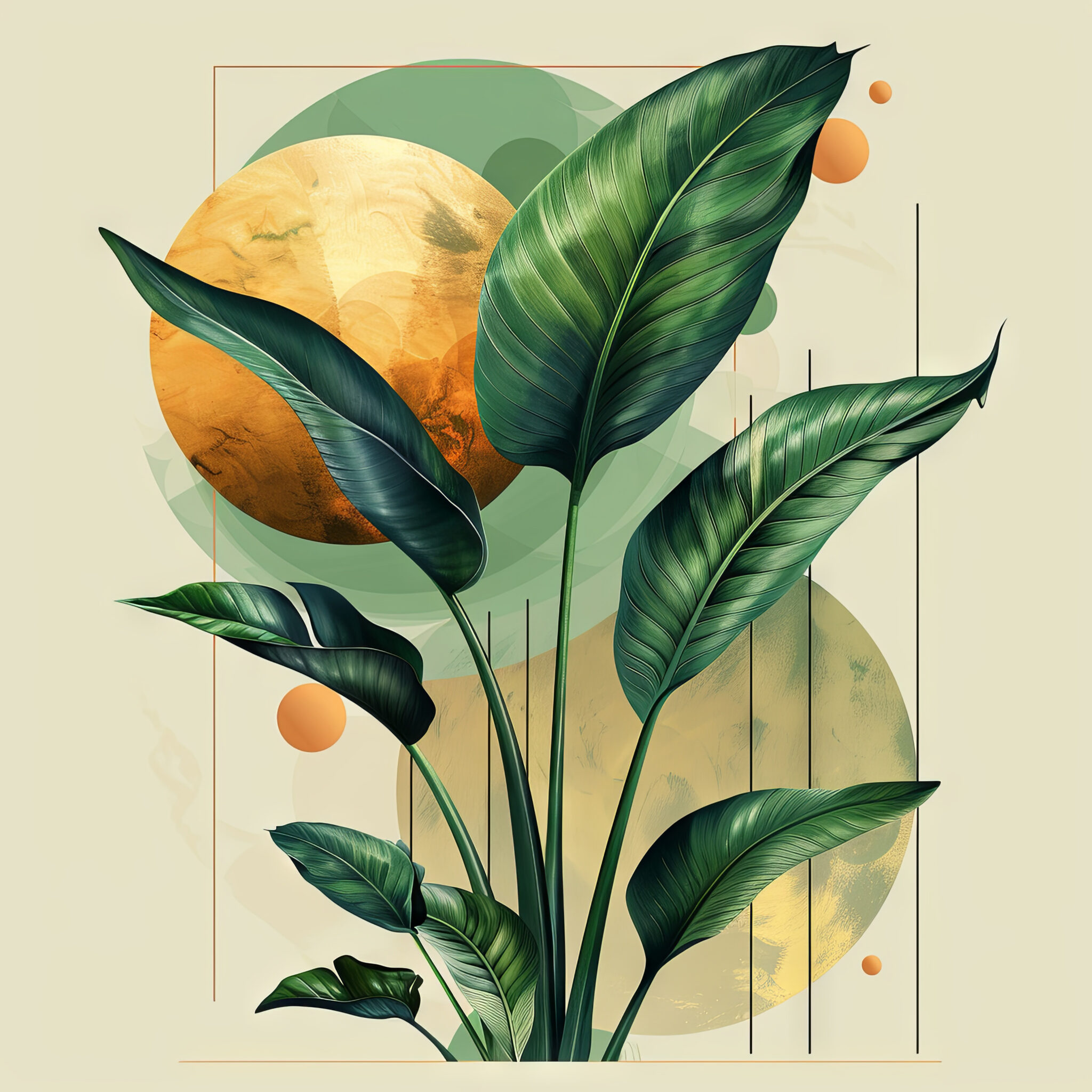 Digitale Kunst Poster Strelitzienblätter grün gold geometrisch