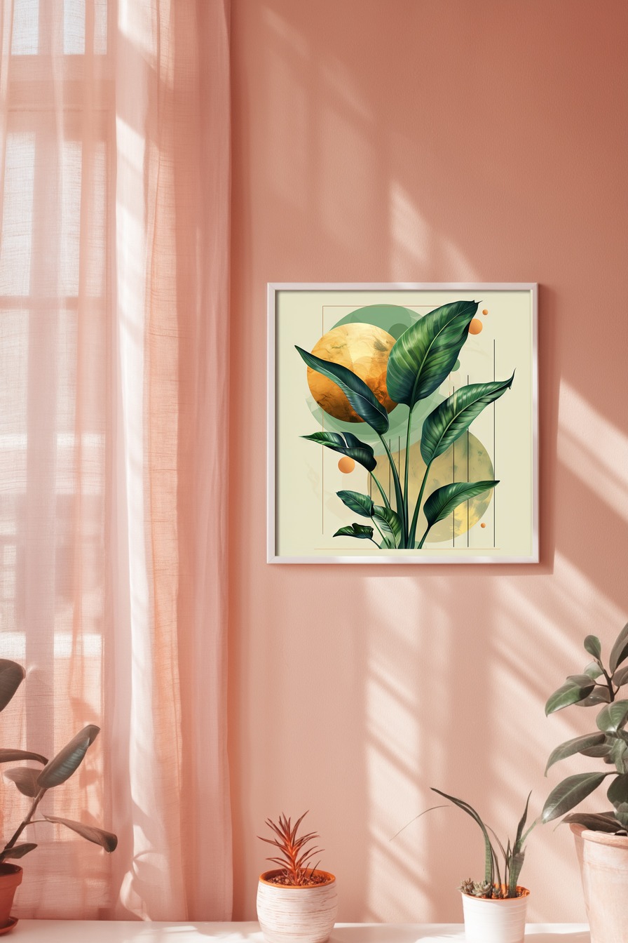 Digitale Kunst Poster Strelitzienblätter grün gold geometrisch