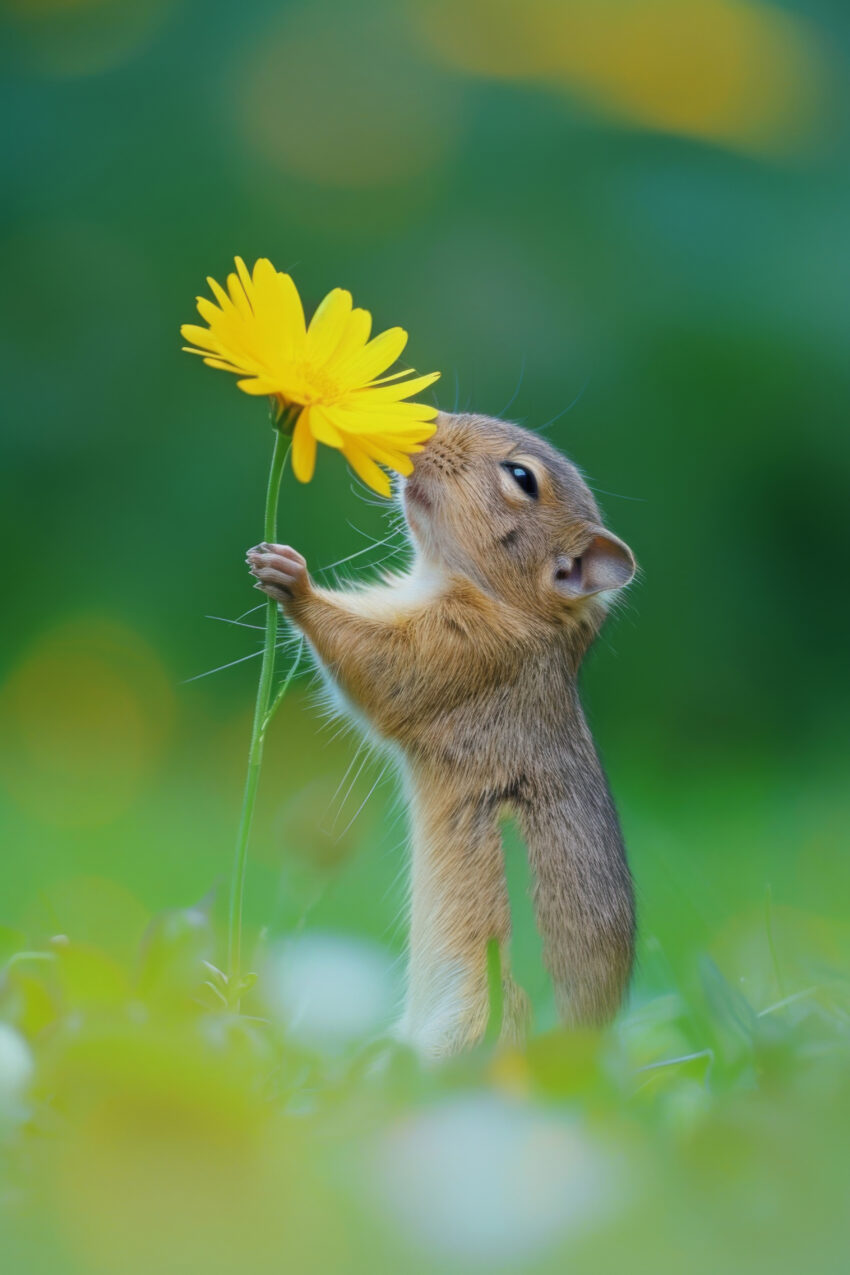 Fotografie Poster Erdhörnchen gelbe Blume Nahaufnahme grün