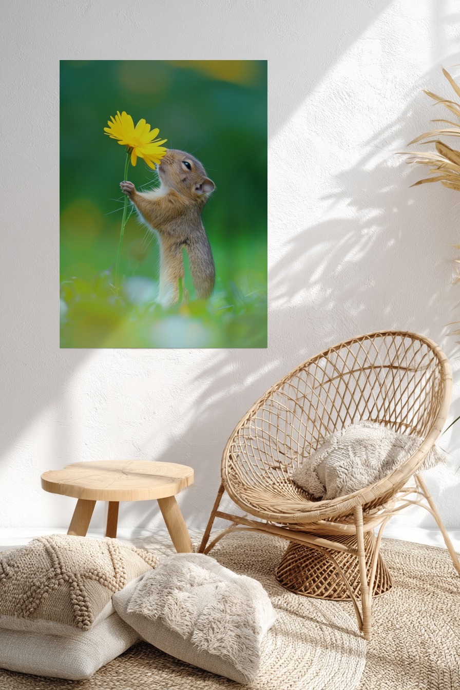 Fotografie Poster Erdhörnchen gelbe Blume Nahaufnahme grün