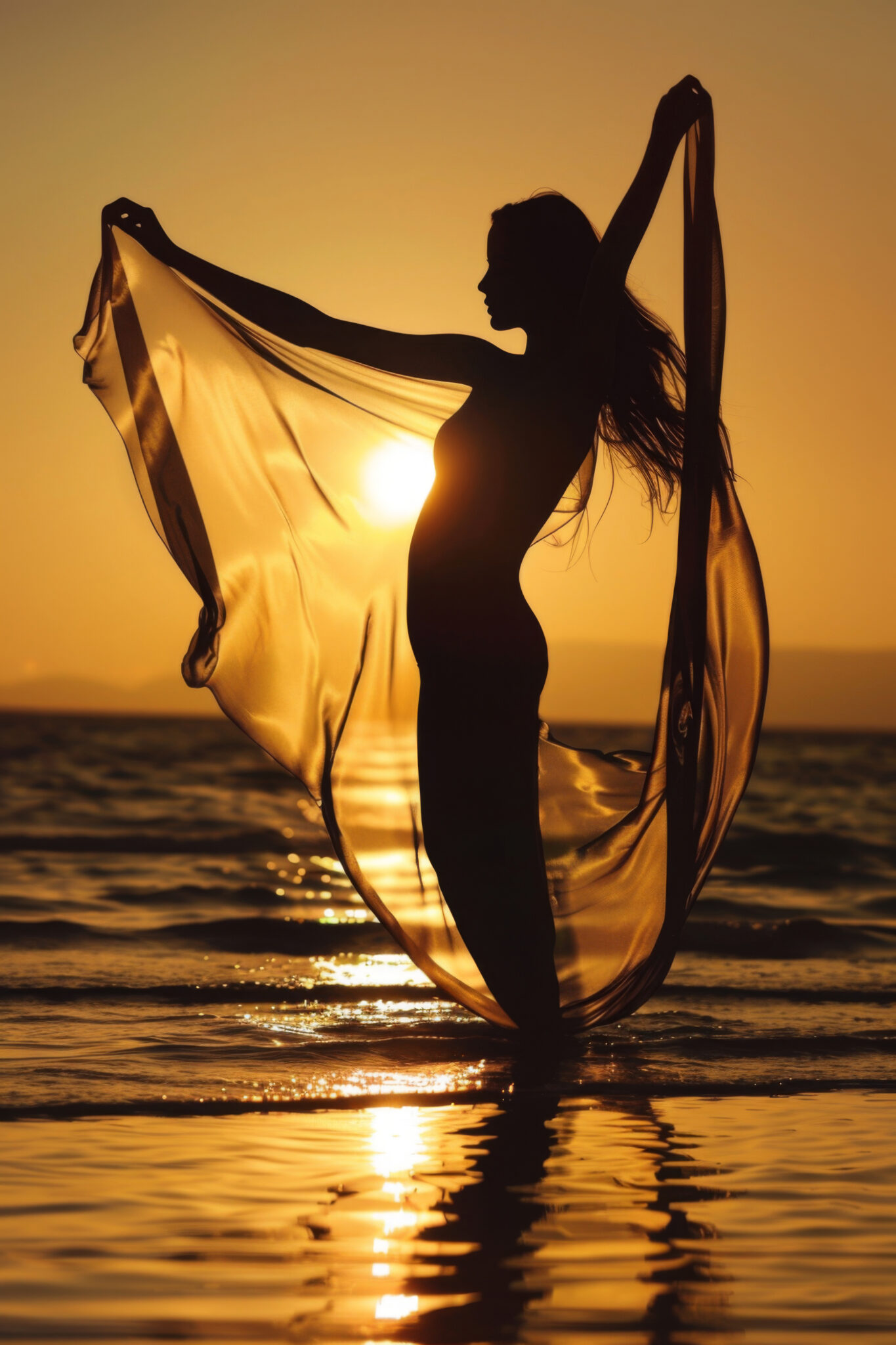 Fotografie Poster Frau Silhouette Sonnenuntergang warm gold