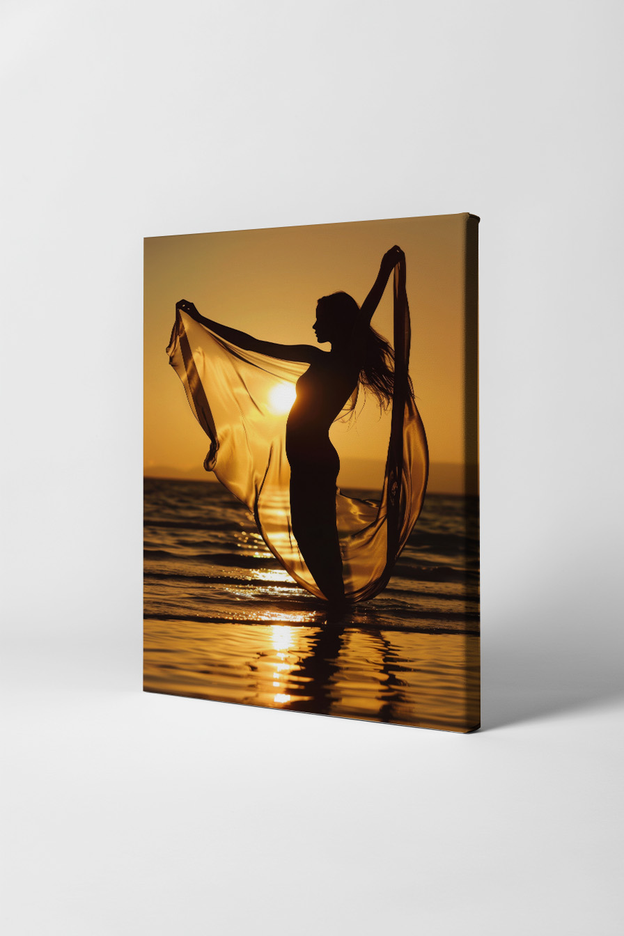 Fotografie Poster Frau Silhouette Sonnenuntergang warm gold