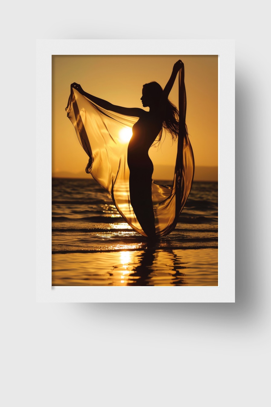 Fotografie Poster Frau Silhouette Sonnenuntergang warm gold
