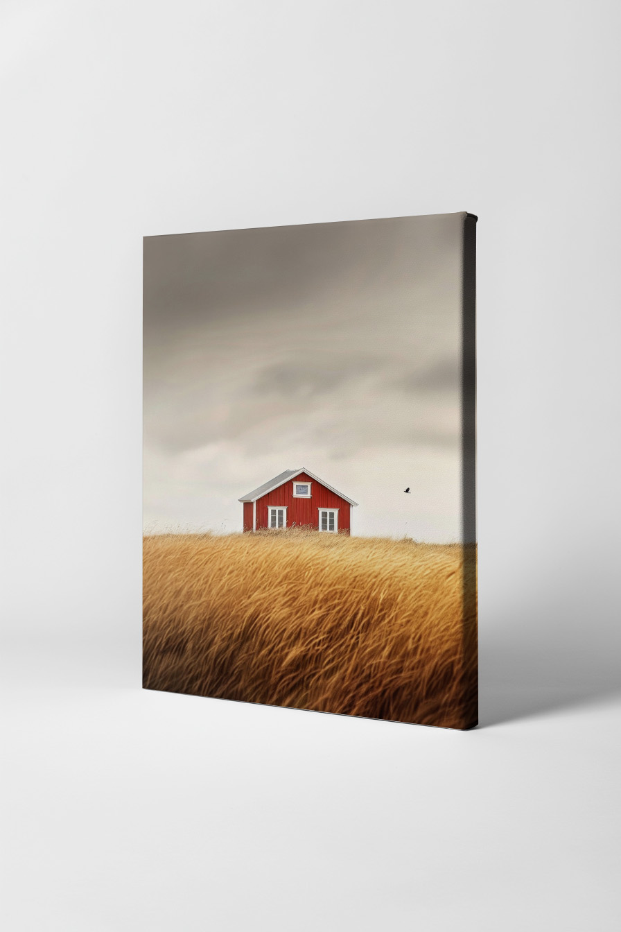 Fotografie Poster Haus rotes Holz goldenes Gras