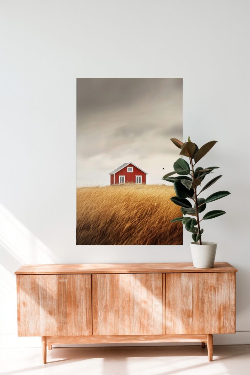 Fotografie Poster Haus rotes Holz goldenes Gras