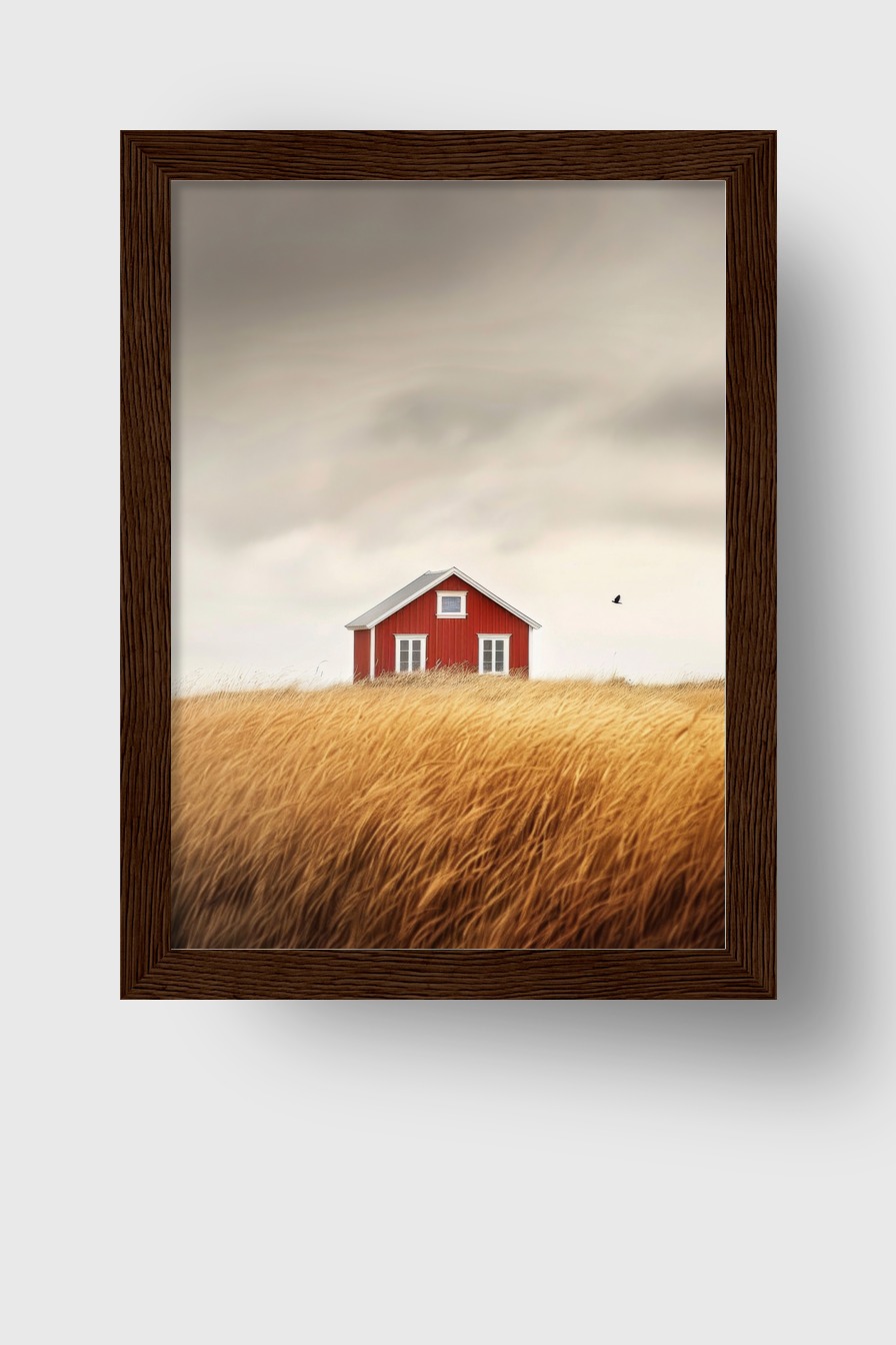 Fotografie Poster Haus rotes Holz goldenes Gras