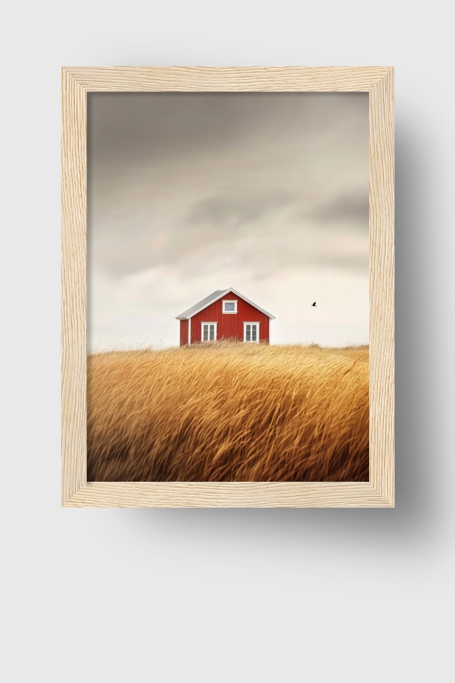 Fotografie Poster Haus rotes Holz goldenes Gras