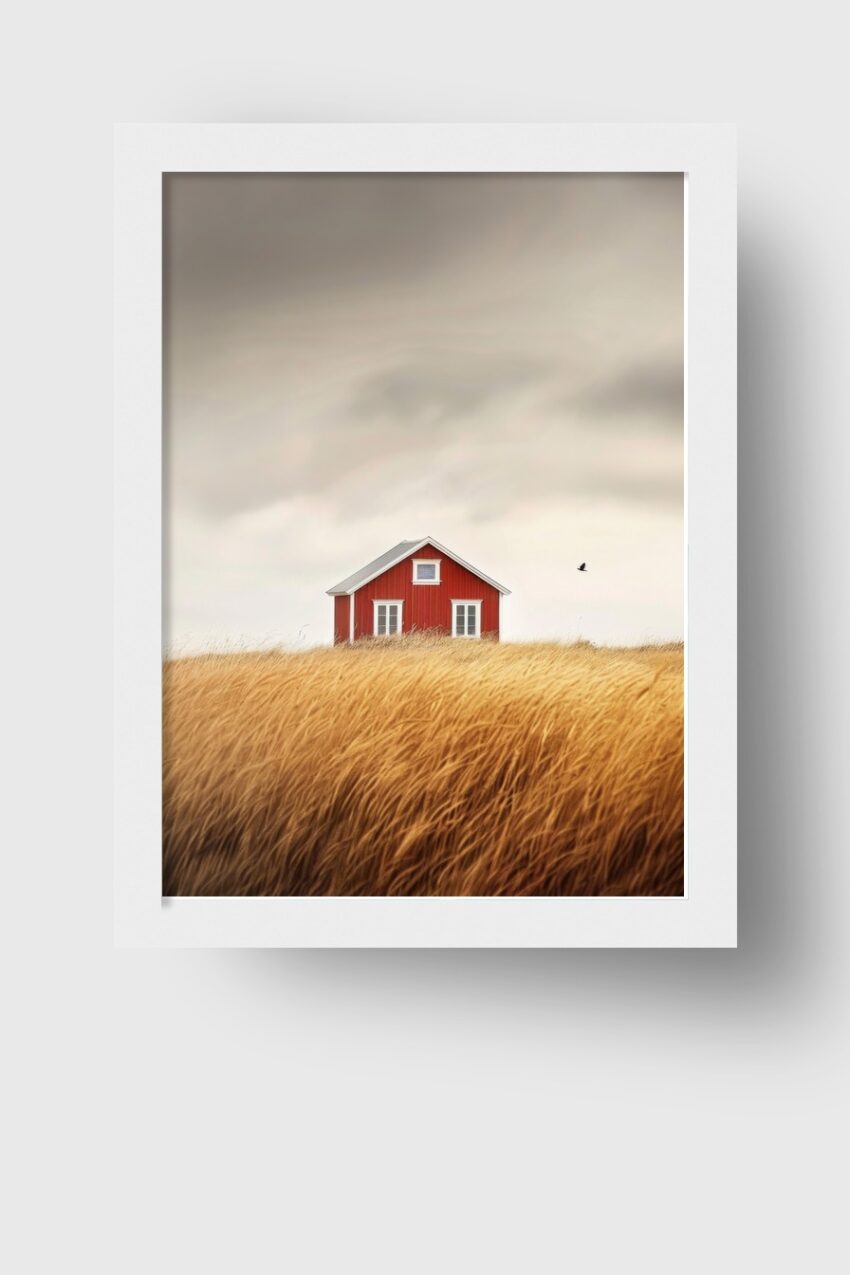 Fotografie Poster Haus rotes Holz goldenes Gras