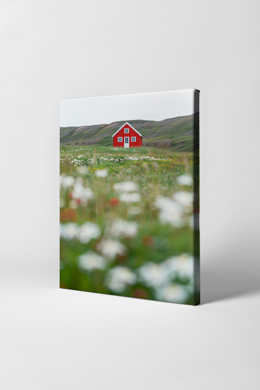Fotografie Poster Haus Wiese rot minimalistisch