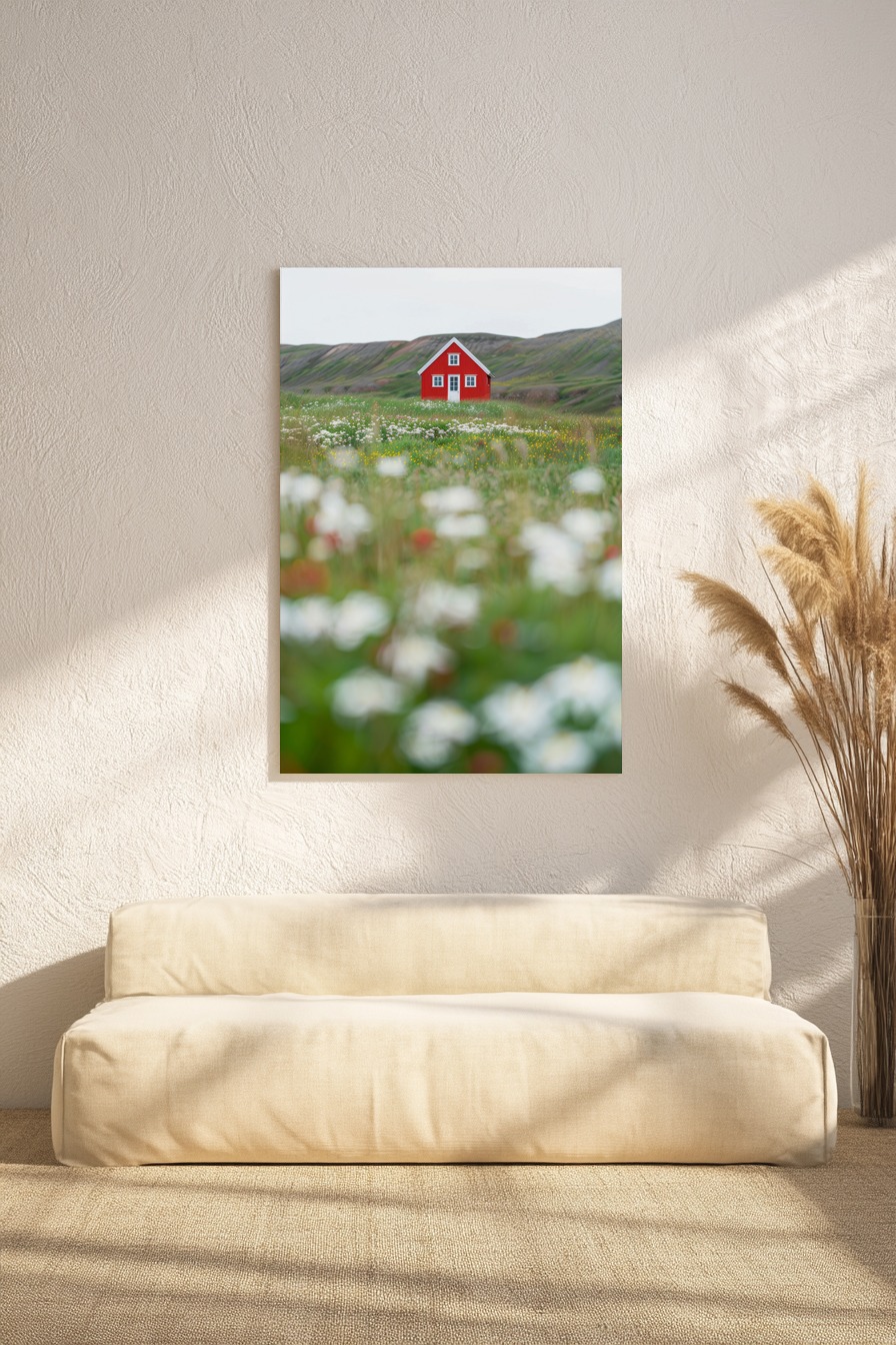 Fotografie Poster Haus Wiese rot minimalistisch